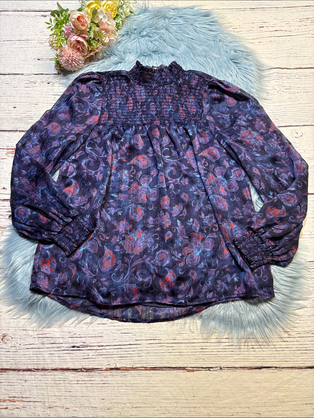 Joie Purple Floral Paisley Smocked Yoke Long Sleeve Blouse sz XS